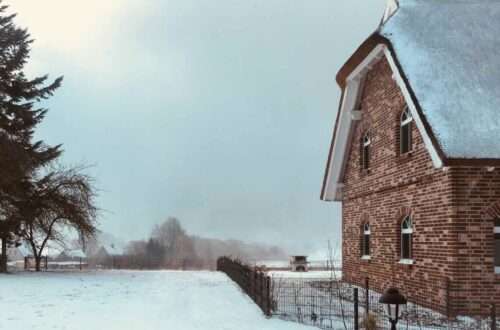 Wokation in Putbus: Blick von einem Ferienhaus auf das andere. Dazwischen eine Terrasse mit Sitzgruppe.