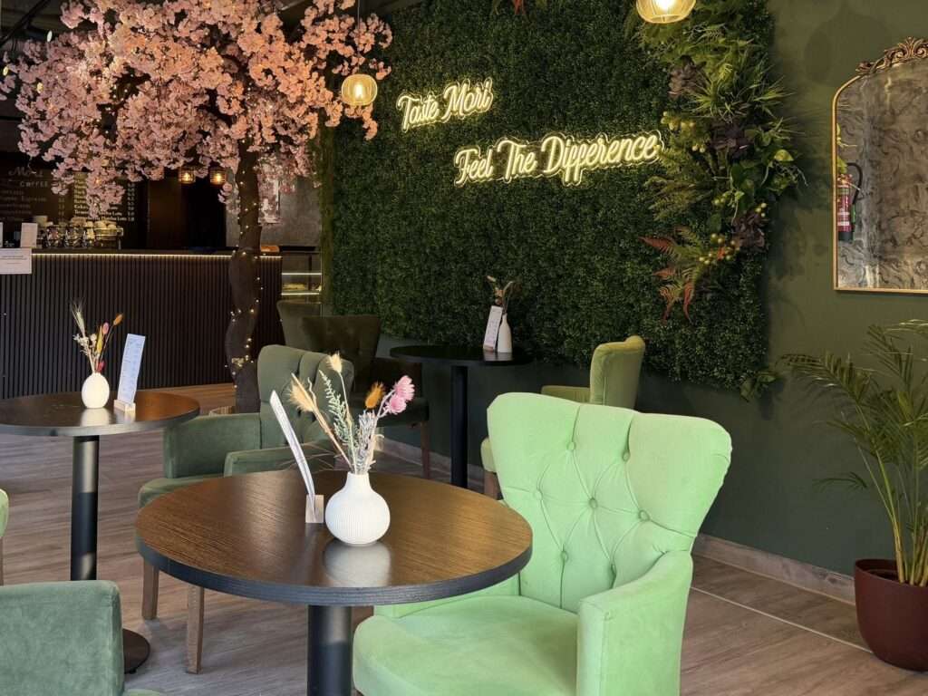 Kirschblüten und grüne Einrichtung im Café Mori in Erlangen